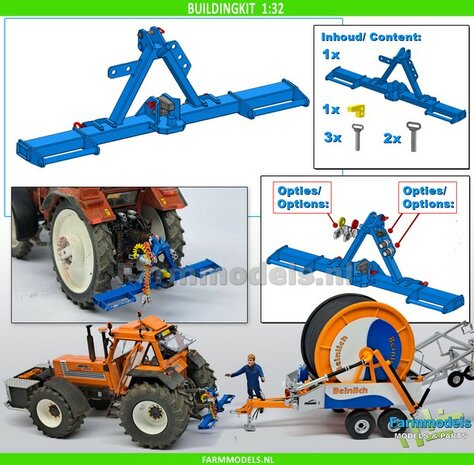 BOUWKIT: UITTRIJBOK REGENHASPEL met opties voor Hydrauliek- Lucht- &amp; Stroom aansluiting 3-Punt Bok Mat: Resin BLAUW/GEEL &amp; ALU gespoten 1:32