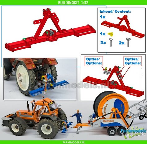 BOUWKIT: UITTRIJBOK REGENHASPEL met opties voor Hydrauliek- Lucht- &amp; Stroom aansluiting 3-Punt Bok Mat: Resin ROOD/GEEL &amp; ALU gespoten 1:32