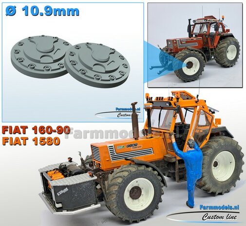 2x Eindkap 10.9 &Oslash;  mm t.b.v. FIAT 1580/160-90  ROS  VOORAS VELG   RESIN BLANK Geleverd 1:32 Farmmodels Premium Line