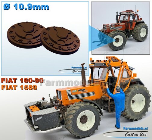 2x Eindkap 10.9 &Oslash;  mm t.b.v. FIAT 1580/160-90  ROS  VOORAS VELG Materiaal: Resin FIAT DONKER BRUIN gespoten geleverd 1:32  Premium Line