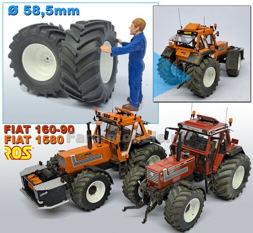 &Oslash; 58.5 mm: FIAT 1580/ 160-90 van ROS: 2x ACHTERAS Banden met RESIN 8 GAATS-Velgen NH/ FIAT WIT gespoten geleverd  1:32   Farmmodels Custom Line Series  