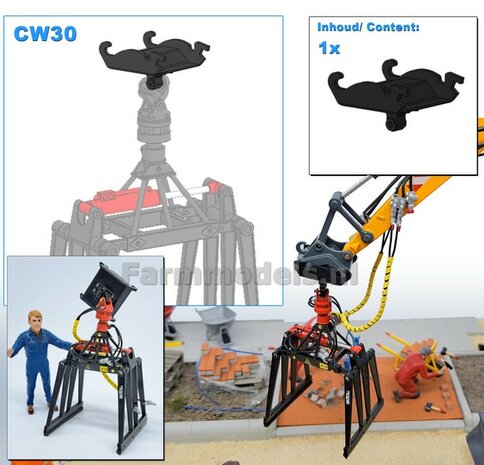 KOPPELSTUK SNELWISSEL aan CW30 snelwisselkoppeling geschikt voor Koppellen JKB Stenenklem 3D Geprint Mat: Resin ZWART gespoten geleverd 1:32                      