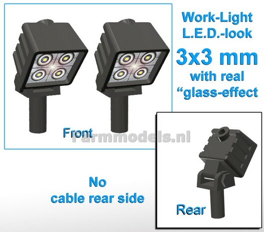 10x Werklampen (5x462110)  VIERKANT 3x3 mm SCHUIN  3D L.E.D.-Look Glas effect ZONDER Kabel pen ONDERKANT (Zonder handgreep) 1:32   NB2B