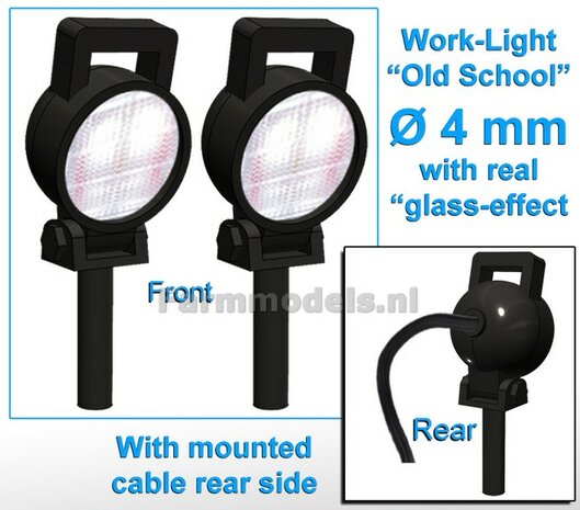 10x Werklampen (5x462846) ROND &Oslash;4 mm, 3D OLd School Glas effect MET Kabel, montage pen ONDERKANT, MET handgreep 1:32  NB2B