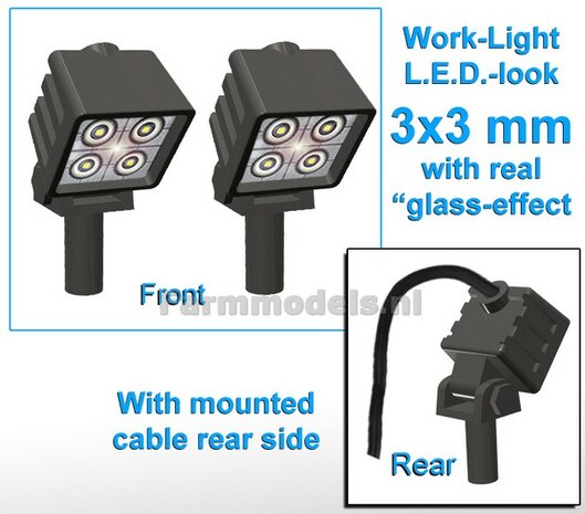 10x Werklampen (5x462112)  VIERKANT 3x3 mm, SCHUIN 3D L.E.D.-Look Glas effect MET Kabel, montage pen ONDERKANT (Zonder handgreep) 1:32  NB2B