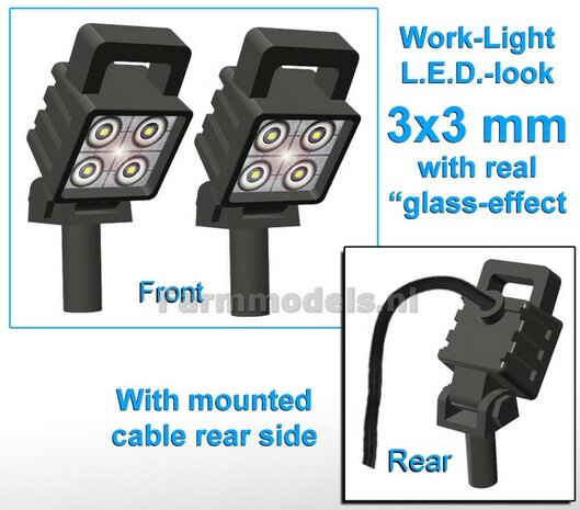 10x Werklampen (5x462116)  VIERKANT 3x3 mm SCHUIN, 3D L.E.D.-Look Glas effect MET Kabel, montage pen ONDERKANT, MET handgreep 1:32  NB2B