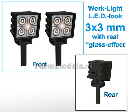 10x Werklampen (5x462120) VIERKANT 3x3 mm, 3D L.E.D.-Look Glas effect ZONDER Kabel, montage pen ONDERKANT (Zonder handgreep) 1:32   NB2B