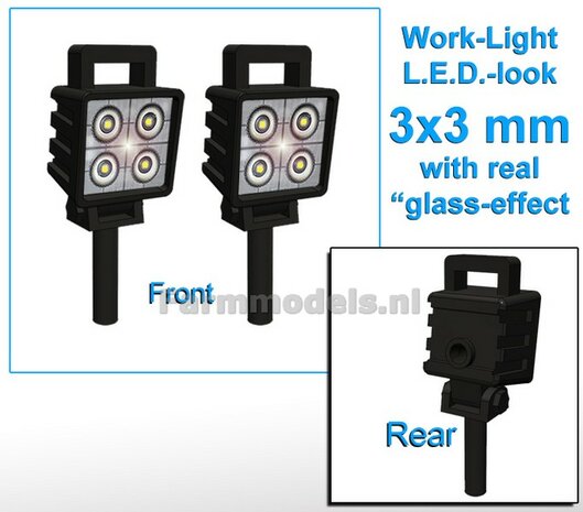 10x Werklampen (5x462124) VIERKANT 3x3 mm, 3D L.E.D.-Look Glas effect ZONDER Kabel, montage pen ONDERKANT, MET handgreep 1:32  NB2B