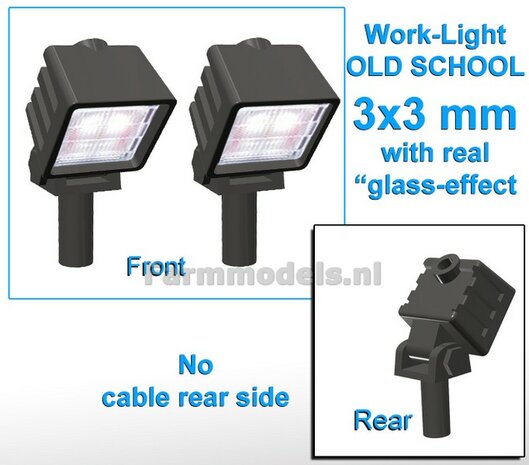10x Werklampen (5x462130) VIERKANT 3x3 mm, SCHUIN 3D OLD SCHOOL Glas effect ZONDER Kabel, montage pen ONDERKANT (Zonder handgreep) 1:32 NB2B