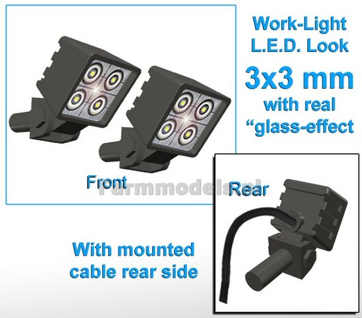 10x Werklampen (5x462152) VIERKANT 3x3 mm, SCHUIN GERICHT 3D L.E.D.-Look Glas effect MET Kabel, montage pen ACHTERKANT (Zonder handgreep) 1:32   NB2B