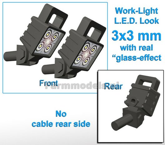 10x Werklampen VIERKANT (5x462154) 3x3 mm, SCHUIN GERICHT 3D L.E.D.-Look Glas effect ZONDER Kabel, montage pen ACHTERKANT, MET handgreep 1:32   NB2B