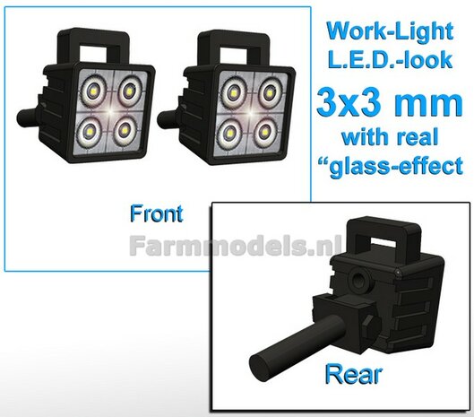 10x Werklampen (5x462164) VIERKANT 3x3 mm, 3D L.E.D.-Look Glas effect ZONDER Kabel, montage pen ACHTERKANT, MET handgreep 1:32    NB2B