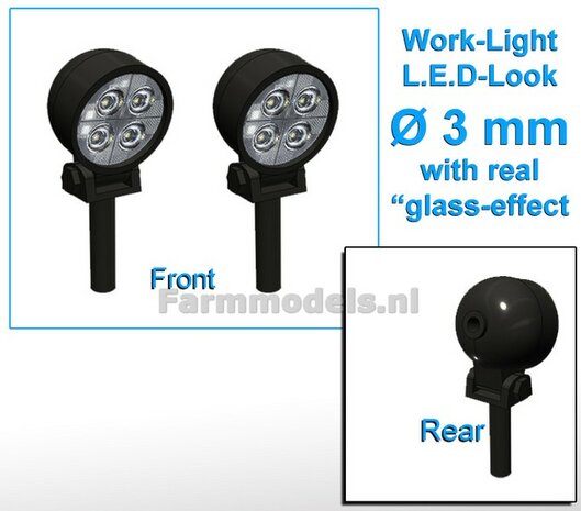 10x Werklampen (5x462320) ROND &Oslash; 3 mm, 3D L.E.D.-Look Glas effect ZONDER Kabel, montage pen ONDERKANT (Zonder handgreep) 1:32   NB2B