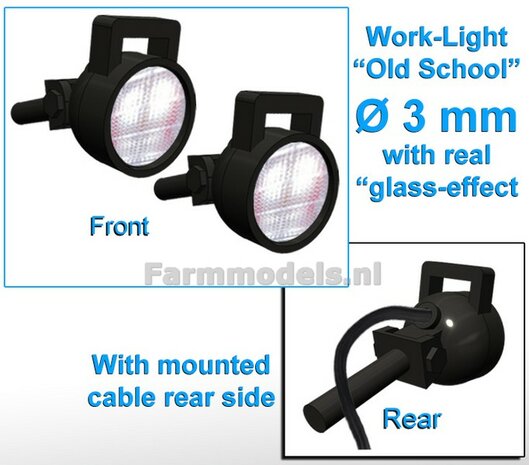 10x (=5x 462386) Werklampen ROND &Oslash;3 mm, 3D OLd School Glas effect MET Kabel, montage pen ACHTERKANT, MET handgreep 1:32 NB2B  