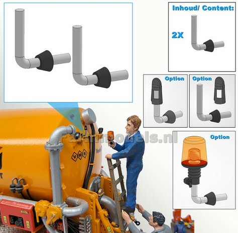 2x ZWAAILAMPSTEUN VERSIE L  &Oslash; 1mm steun. Mat: Resin ALUMINIUM glans + ZWART dop voor montage Farmmodels Zwaailampen 1:32  