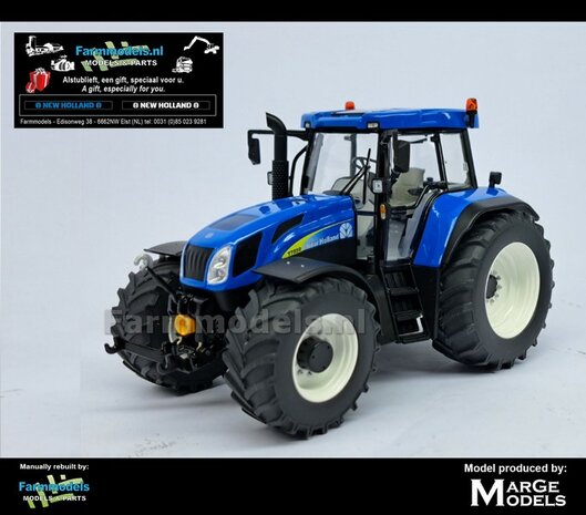 VERBOUWD: New Holland T7550 blue 1:32 nieuwe banden &amp; WIT gespoten velgen, eindvertragingen-wielmoeren &amp; FREE GIFT VOORRUIT STICKERSET 1:32  MM2212-REB  NB2B