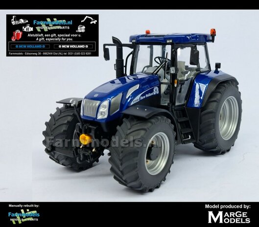 VERBOUWD: New Holland T7550 1:32 nieuwe banden &amp; ALU-METALIC gespoten velgen, eindvertragingen-wielmoeren &amp; FREE GIFT VOORRUIT STICKERSET 1:32  MM2217-REB  NB2B
