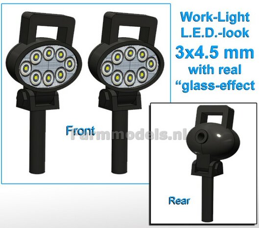 10x Werklampen (5x 462424) OVAAL 3x4.5 mm, 3D L.E.D.-Look Glas effect ZONDER Kabel, montage pen ONDERKANT MET HANDGREEP 1:32 NB2B