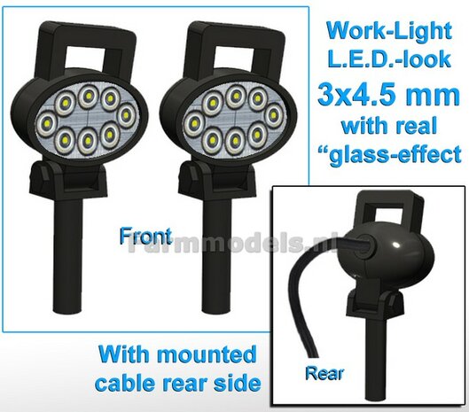 10x (5x 462426) Werklampen OVAAL 3x4.5 mm, 3D L.E.D.-Look Glas effect MET Kabel, montage pen ONDERKANT MET HANDGREEP 1:32 NB2B