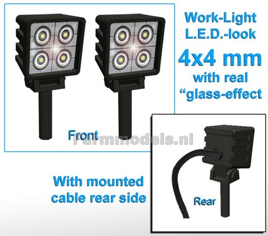 10x Werklampen (5x 462622) VIERKANT 4x4 mm, 3D L.E.D.-Look Glas effect MET Kabel, montage pen ONDERKANT (Zonder handgreep) 1:32 NB2B