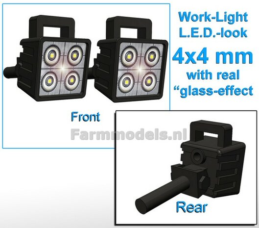 10x Werklampen (5x 462664) VIERKANT 4x4 mm, 3D L.E.D.-Look Glas effect ZONDER Kabel, montage pen ACHTERKANT, MET handgreep 1:32 NB2B