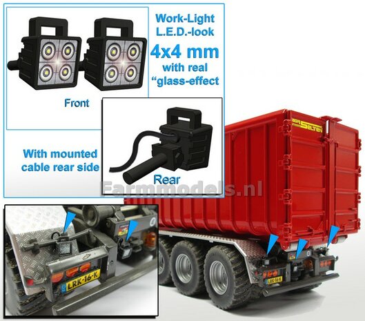 10x Werklampen (5x 462666) VIERKANT 4x4 mm, 3D L.E.D.-Look Glas effect MET Kabel, montage pen ACHTERKANT, MET handgreep 1:32 NB2B