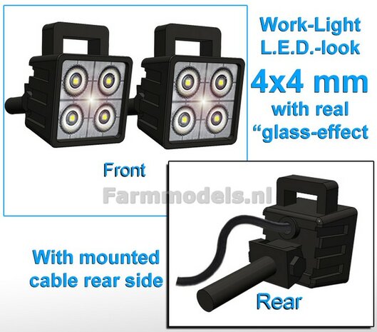 10x Werklampen (5x 462666) VIERKANT 4x4 mm, 3D L.E.D.-Look Glas effect MET Kabel, montage pen ACHTERKANT, MET handgreep 1:32 NB2B
