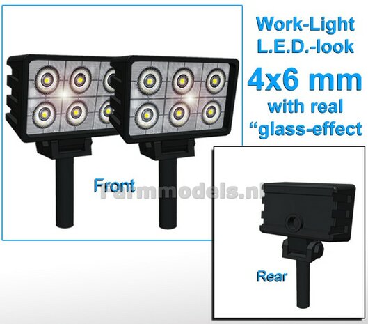 10x Werklampen (5x 462720) RECHTHOEK 4x6 mm, 3D L.E.D.-Look Glas effect ZONDER Kabel, montage pen ONDERKANT (Zonder handgreep) 1:32 NB2B