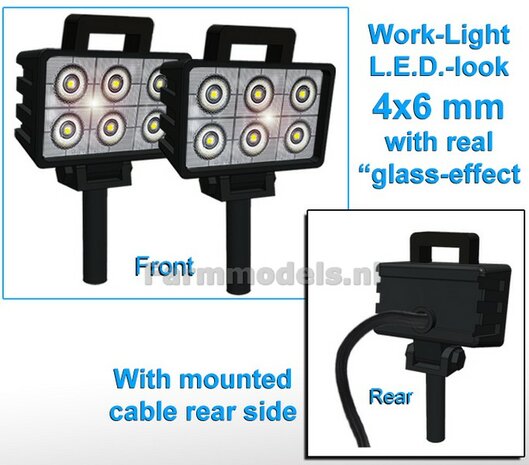 10x Werklampen (5x 462726) RECHTHOEK 4x6 mm, 3D L.E.D.-Look Glas effect MET Kabel, montage pen ONDERKANT, MET handgreep 1:32 NB2B