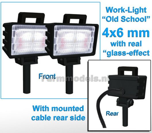 10x Werklampen (5x 462746) RECHTHOEK 4x6 mm, 3D OLd School Glas effect MET Kabel, montage pen ONDERKANT, MET handgreep 1:32 NB2B 