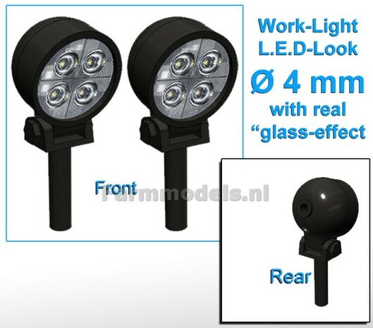 10x Werklampen (5x 462820) ROND &Oslash; 4 mm, 3D L.E.D.-Look Glas effect ZONDER Kabel, montage pen ONDERKANT (Zonder handgreep) 1:32 NB2B