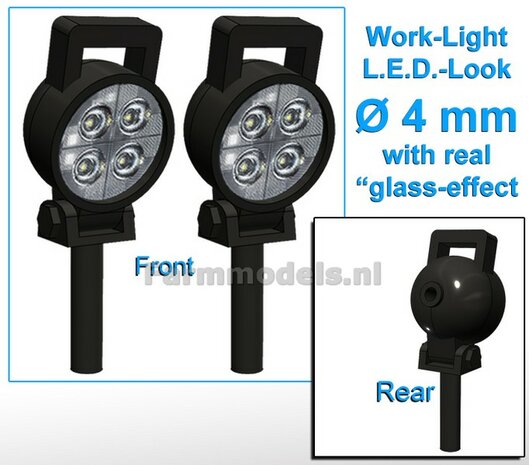 10x Werklampen RONDE &Oslash; 4 mm, 3D L.E.D.-Look Glas effect ZONDER Kabel, montage pen ONDERKANT, MET handgreep 1:32 NB2B
