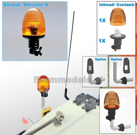 1x ZWAAILAMPEN V9  = 1x Zwaailamphuis/houder + 1x afdekkap VERSIE 9, geschikt voor montage op &Oslash; 1mm steun 1:32  APRIL LEVERBAAR/ AVAILABLE
