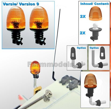 2x ZWAAILAMPEN V9  = 2x Zwaailamphuis/houder + 2x afdekkap VERSIE 9, geschikt voor montage op &Oslash; 1mm steun 1:32  APRIL LEVERBAAR/ AVAILABLE