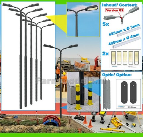 BOUWKIT: 5x DUBBEL VERLICHTINGS ARMATUUR VERSIE G2 + LANTAARNPALEN 178mm + 10x Pr&eacute;-Cut Decals LED VERLICHTING 1:32    