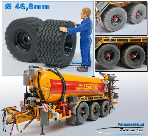 &Oslash; 46.8 mm: 2x Vredestein Flotation Pro Banden met ZWART GLANS gespoten Velgen  1:32   Farmmodels Premium Line Series  