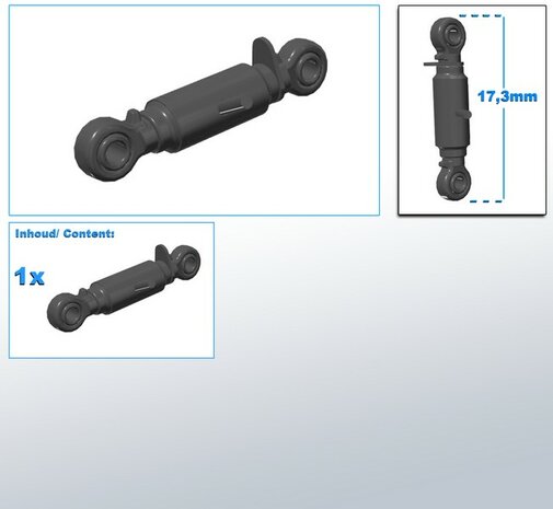 Topstang lengte 17.3mm met 2x KOGELKOP aansluiting. Resin, gespoten in MF 9S CHASSIS GRIJS 1:32