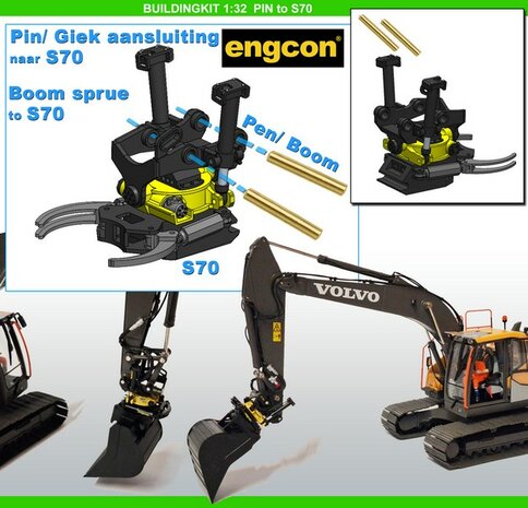 BOUWKIT: Engcon EC326 Draaikantelstuk met gripper Giekaansluiting Pen Koppeling naar S70 koppeling bak &amp; hulpstukken. Resin ZWART GLANS en GEEL Gespoten geleverd 1:32 