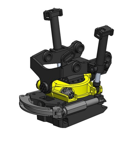 BOUWKIT: Engcon EC326 Draaikantelstuk met gripper Giekaansluiting Pen Koppeling naar S70 koppeling bak &amp; hulpstukken. Resin ZWART GLANS en GEEL Gespoten geleverd 1:32 
