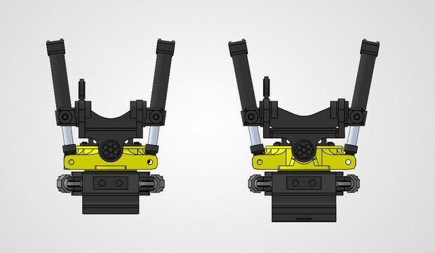 BOUWKIT: Engcon EC326 Draaikantelstuk met gripper Giekaansluiting Pen Koppeling naar S70 koppeling bak &amp; hulpstukken. Resin ZWART GLANS en GEEL Gespoten geleverd 1:32 