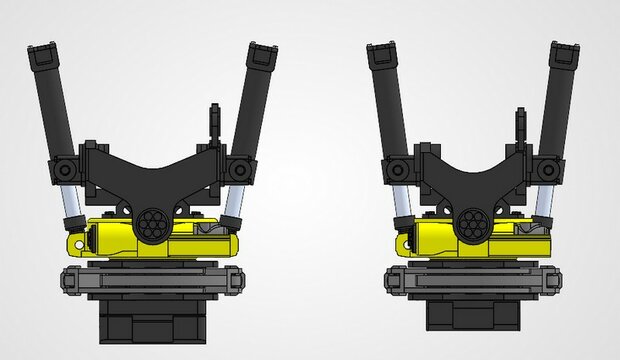 BOUWKIT: Engcon EC326 Draaikantelstuk met gripper Giekaansluiting Pen Koppeling naar S70 koppeling bak &amp; hulpstukken. Resin ZWART GLANS en GEEL Gespoten geleverd 1:32 