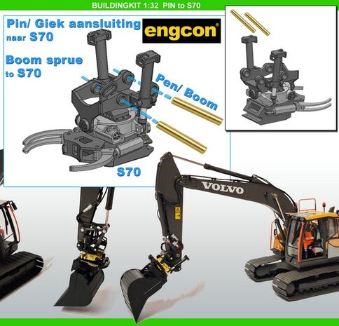 BOUWKIT: Engcon EC326 Draaikantelstuk met gripper Giekaansluiting Pen Koppeling naar S70 koppeling bak &amp; hulpstukken. RESIN BLANK geleverd 1:32 
