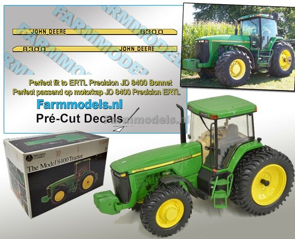 John Deere 8300 type (Dichte letters 1995-1996) stickers geschikt voor ERTL Precision JD 8400 Pr&eacute;-Cut Decals 1:32 Farmmodels.nl 