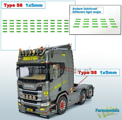 50x Zelfklevende GROENE GLIMMERS/ REFLECTOREN  Type S8  afmeting: 1 x 5 mm  Kleur: HELDER GROEN  Farmmodels.nl