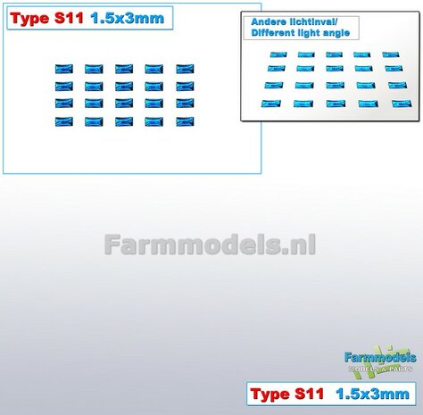 20x Zelfklevende BLAUWE GLIMMERS/ REFLECTOREN  Type S11  afmeting: 1,5 x 3 mm  Kleur: HELDER BLAUW  Farmmodels.nl
