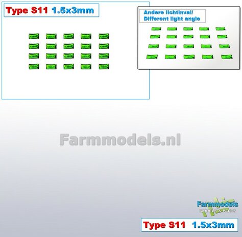20x Zelfklevende GROENE GLIMMERS/ REFLECTOREN  Type S11  afmeting: 1,5 x 3 mm  Kleur: HELDER GROEN  Farmmodels.nl
