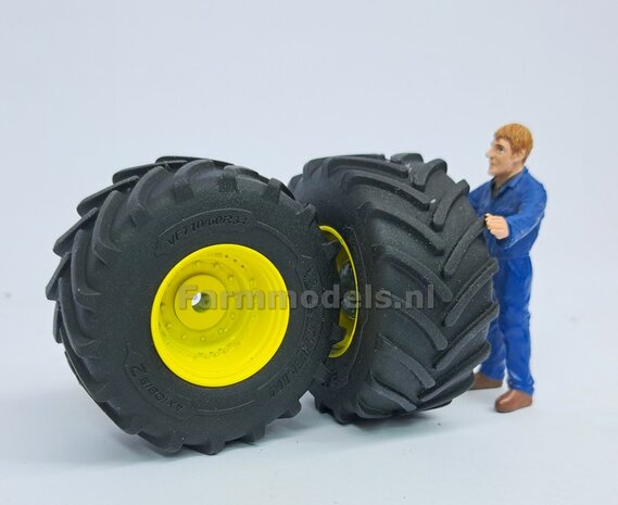 &Oslash; 54.8 x 25.8 mm: JD 7R Series: 2x Michelin Axiobib2 Banden + RESIN Velgen JOHN DEERE GEEL gespoten  1:32  Farmmodels Premium Line Series 