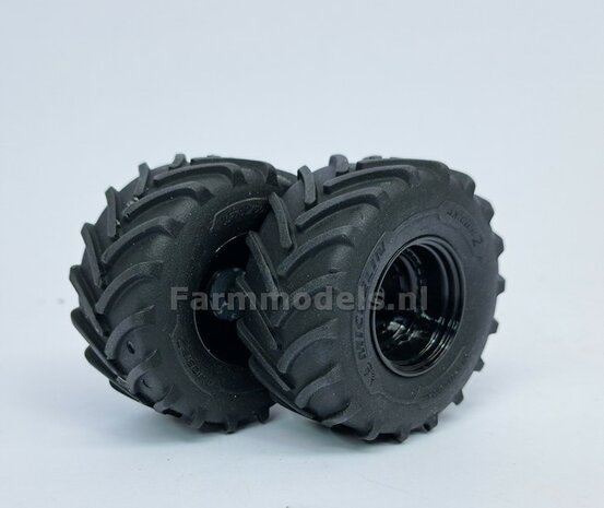 &Oslash; 54.8 x 25.8 mm: JD 7R Series: 2x Michelin Axiobib2 Banden + RESIN Velgen ZWART GLANS gespoten  1:32  Farmmodels Premium Line Series 