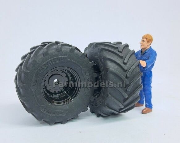 &Oslash; 54.8 x 25.8 mm: JD 7R Series: 2x Michelin Axiobib2 Banden + RESIN Velgen ZWART GLANS gespoten  1:32  Farmmodels Premium Line Series 