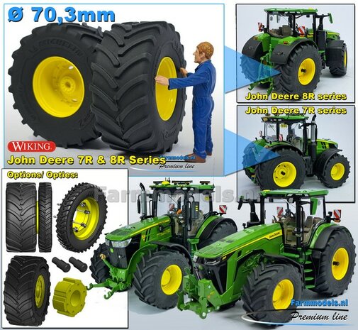 &Oslash; 70.3 x 30.4 mm: JOHN DEERE 7R &amp; 8R Wiking: 2x Michelin Axiobib2 Banden + RESIN Velgen JD GEEL GESPOTEN geleverd 1:32  Farmmodels Premium Line Series  